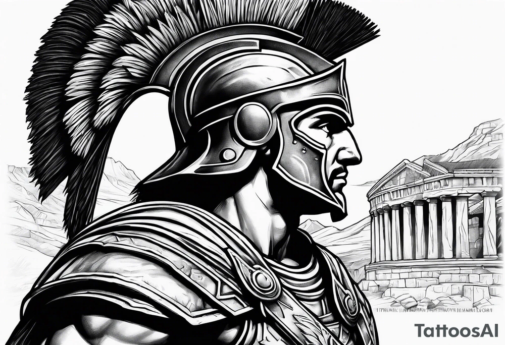 Side profile Spartan Solider ancient roman city in the background tattoo idea