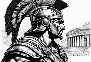 Side profile Spartan Solider ancient roman city in the background tattoo idea