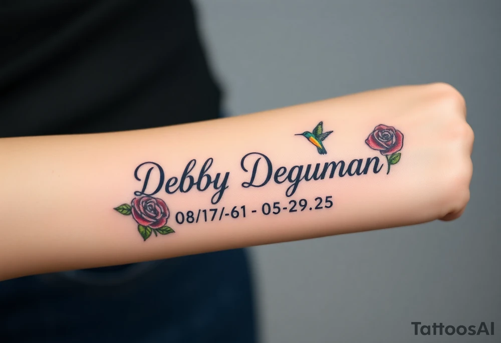 Tattoo of the exact name Debby Deguzman in chunky curly cursive with the exact dates of 08/17/61-05/29/25 surrounded by 1 hummingbird and 1 rose tattoo idea