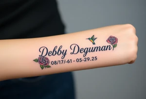 Tattoo of the exact name Debby Deguzman in chunky curly cursive with the exact dates of 08/17/61-05/29/25 surrounded by 1 hummingbird and 1 rose tattoo idea