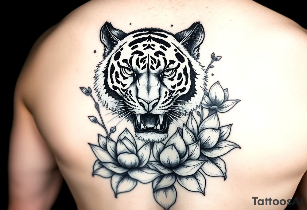 fierce tiger emerging through blooming lotus flowers in mist tattoo idea