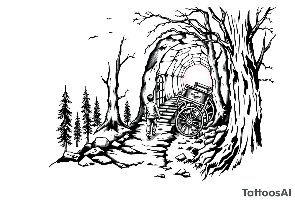 A boy walking up a forest path, DnD inspired, broken down carriage, tavern, glowing tunnel tattoo idea