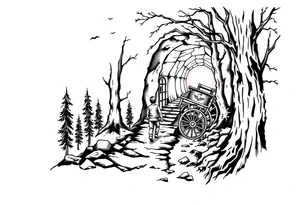 A boy walking up a forest path, DnD inspired, broken down carriage, tavern, glowing tunnel tattoo idea