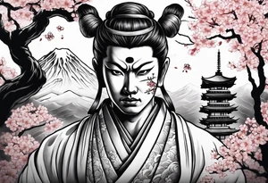 japanese evil spirit with japan and cherry blossom trees in the background tattoo idea