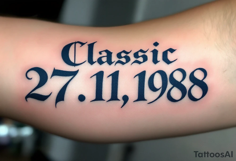 Classic 27.11.1988 carved in Roman numerals with deep navy blue shadows. tattoo idea