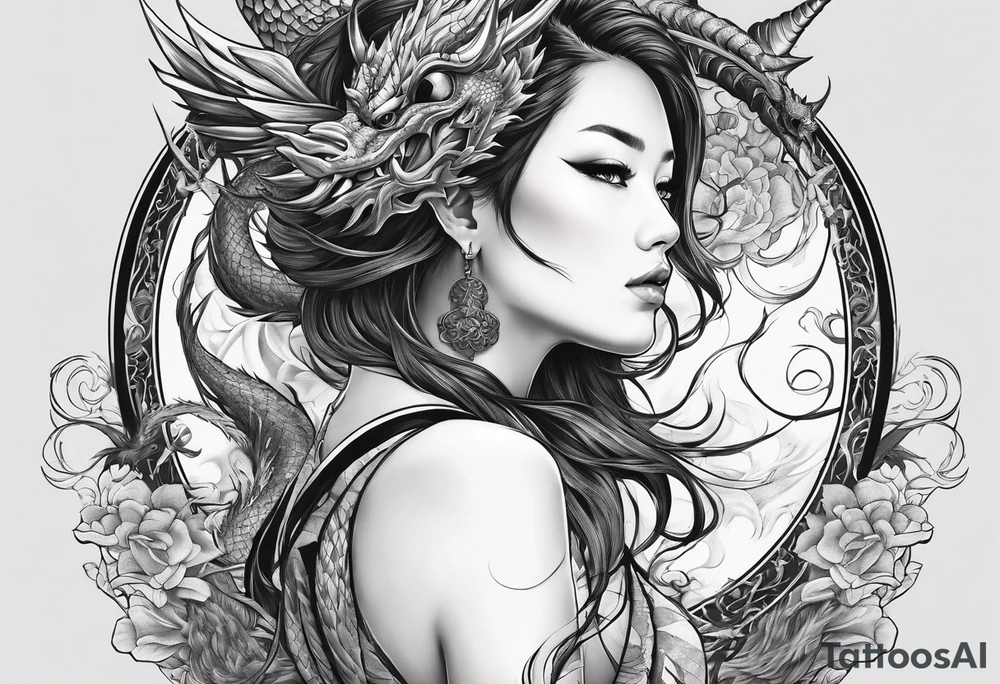 back tattoo of warrior nymph with dragon tattoo idea