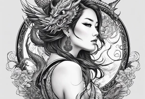 back tattoo of warrior nymph with dragon tattoo idea