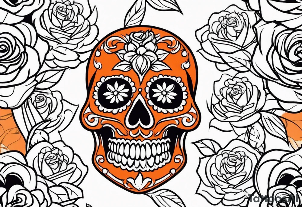 Orange Sugar skull with roses that are orange and red with smoke around it tattoo idea