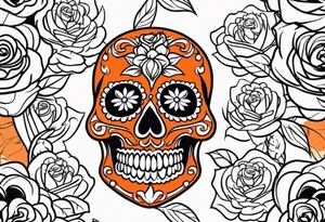 Orange Sugar skull with roses that are orange and red with smoke around it tattoo idea