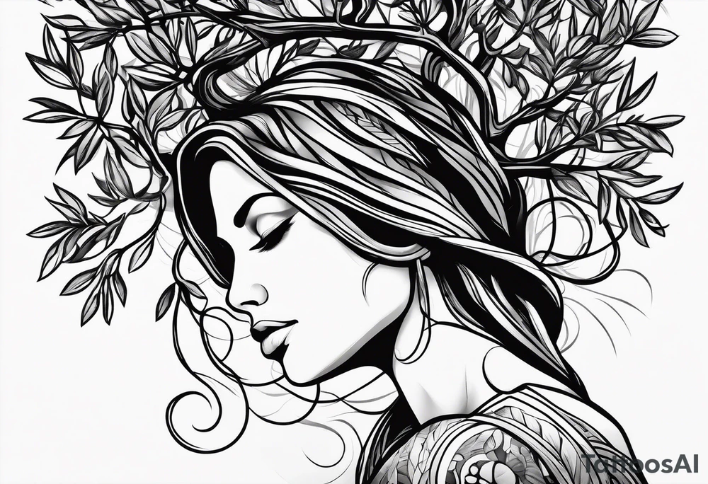 a woman turning herself in an olive tree tattoo idea