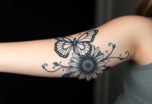 Bohemian style butterfly sitting on a stylized  sunflower with mandala petals on a swirly flourishing vine tattoo idea