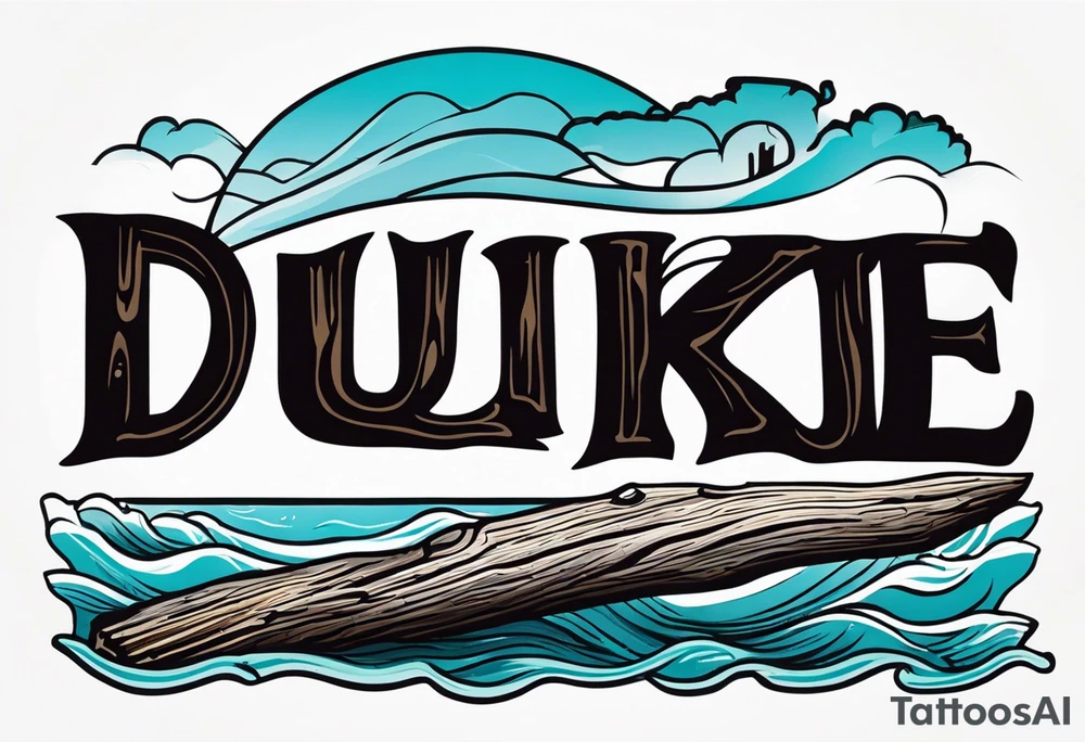 piece of driftwood underwater with the word duke scribed into the wood tattoo idea