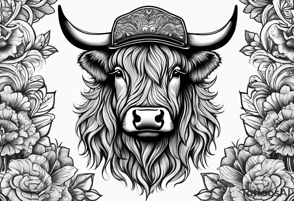 Highland cow in motorcycle helmet tattoo idea