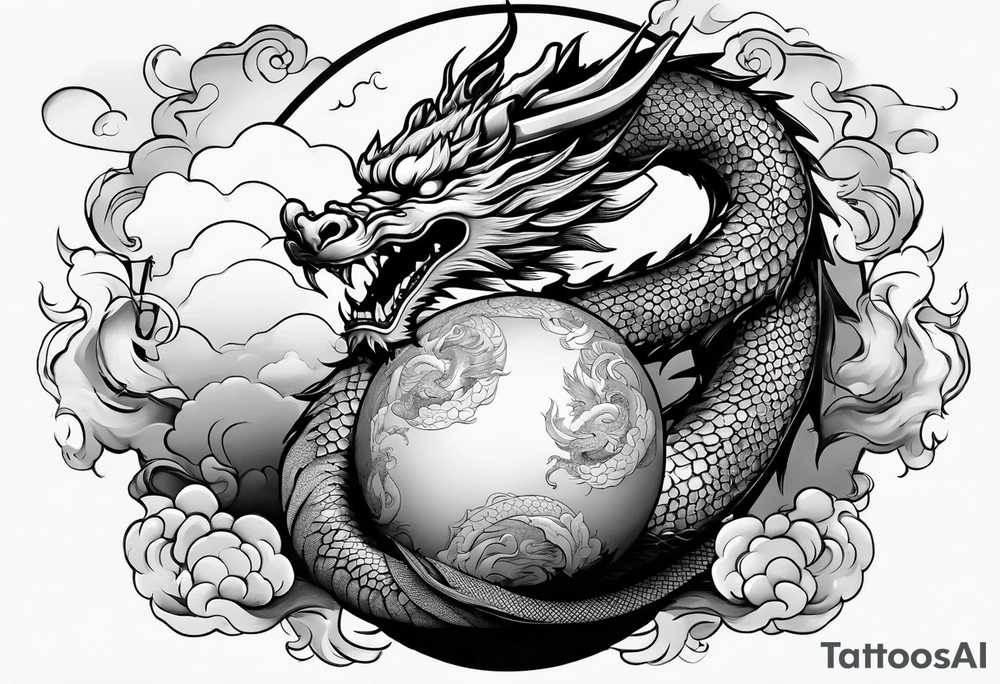 asian dragon holding a sphere, surrounded by cloud tattoo idea