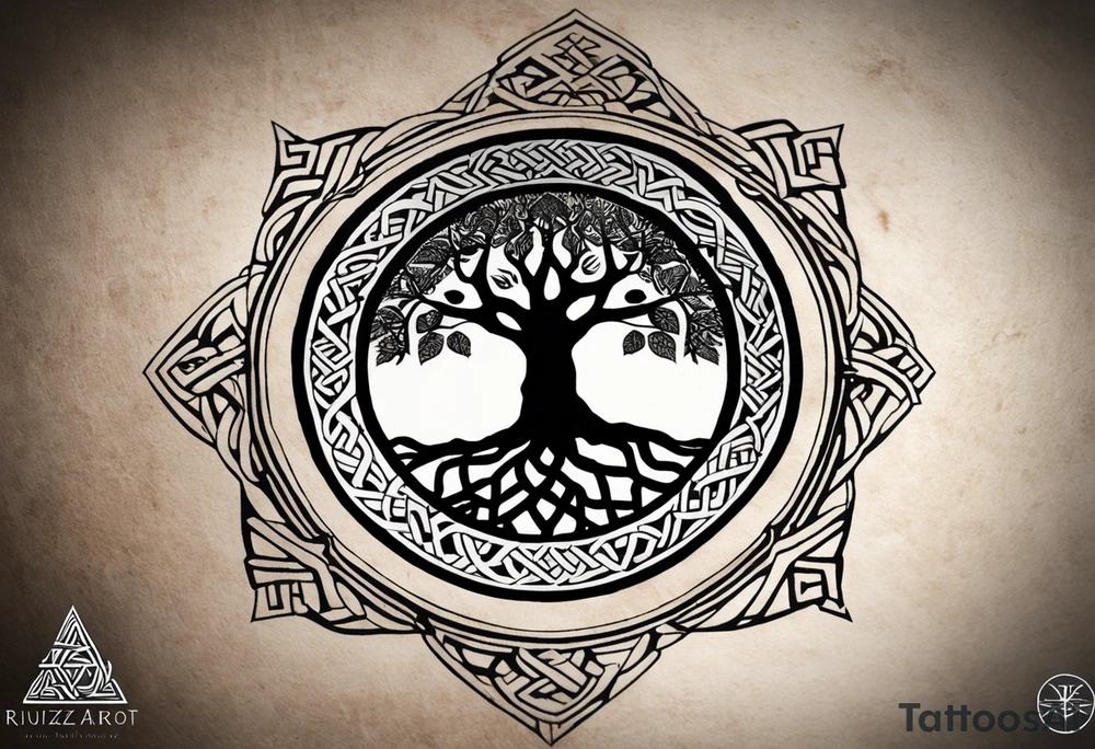 Yggdrasil: In the center of the forearm, representing the connection between the nine worlds.
Vegvisir: Integrated alongside Yggdrasil, symbolizing direction and protection.
Valknut: Placed near Yggdrasil, symbolizing the connection with Odin.
A chain filled of the following runes surrounding the forearm and previous tatto:
Uruz (ᚢ) The Uruz
Raido (ᚱ) The Raido
Gebo (ᚷ) The World
Perthro (ᛈ)
Elhaz (ᛉ) The Great One
Laguz (ᛚ) The Laguz
Odin’s Ravens: Located near Yggdrasil, representing wisdom.
Nine Worlds: Subtly integrated into the design of Yggdrasil. tattoo idea