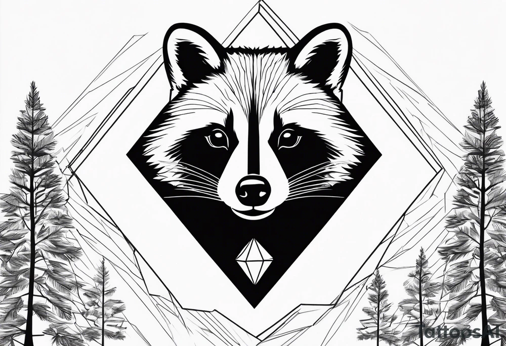 Portrait of raccoon with trees in background in the shape of a diamond tattoo idea