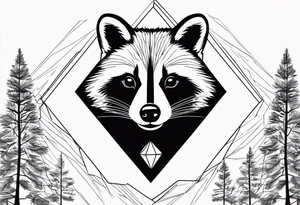 Portrait of raccoon with trees in background in the shape of a diamond tattoo idea