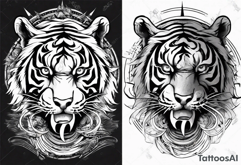 Ancient tiger with lightning and a sun for a forearm sleeve. With patterns surrounding it tattoo idea
