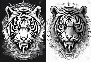 Ancient tiger with lightning and a sun for a forearm sleeve. With patterns surrounding it tattoo idea