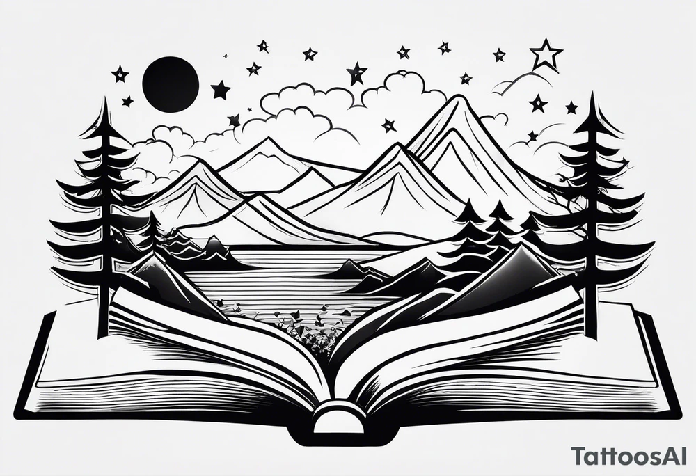 Open book with stars and mountains in a small minimalistic design. Incorporate sushi subtly tattoo idea