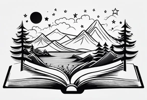 Open book with stars and mountains in a small minimalistic design. Incorporate sushi subtly tattoo idea