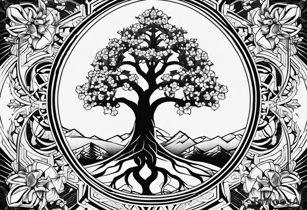 yggdrasil, five or six cherry tree flower on the upper left, the logo of tommorowland, and on the background a geometrical shape tattoo idea