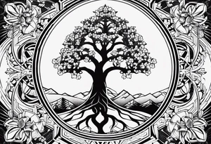 yggdrasil, five or six cherry tree flower on the upper left, the logo of tommorowland, and on the background a geometrical shape tattoo idea