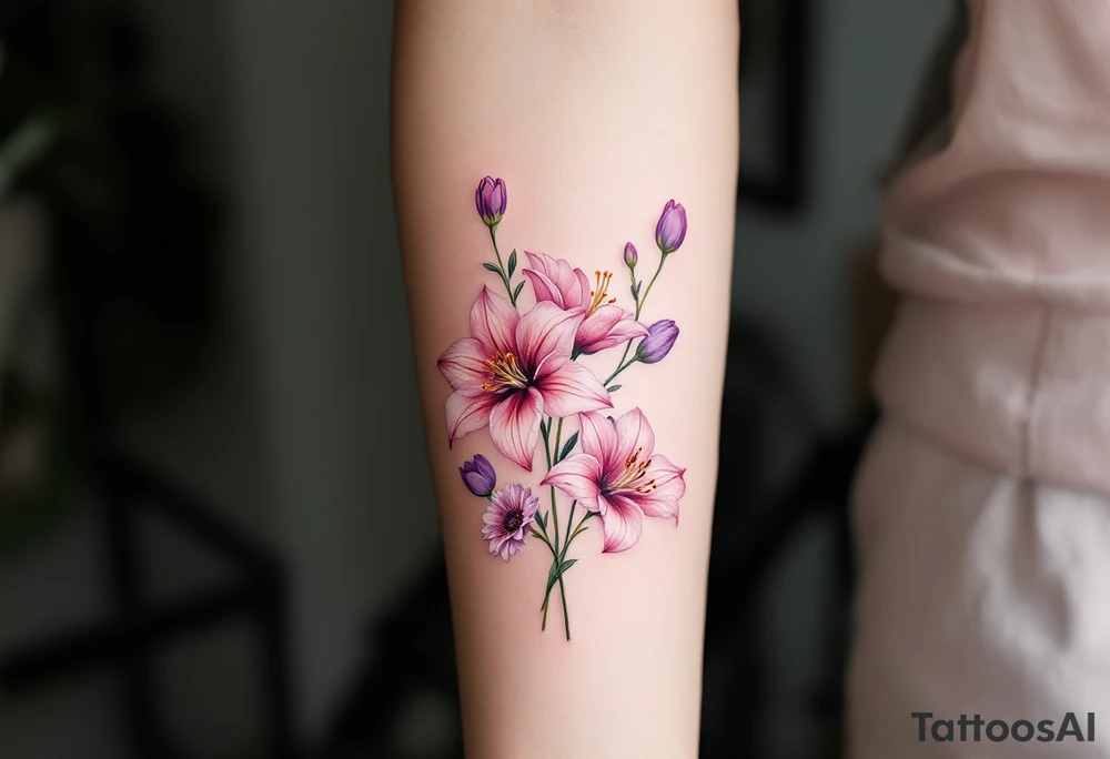 stargazer lillies in light pink with small sunflowers and peonies and purple tulip buds in a dainty wildflower bouquet with stems tattoo idea