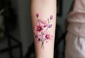 stargazer lillies in light pink with small sunflowers and peonies and purple tulip buds in a dainty wildflower bouquet with stems tattoo idea