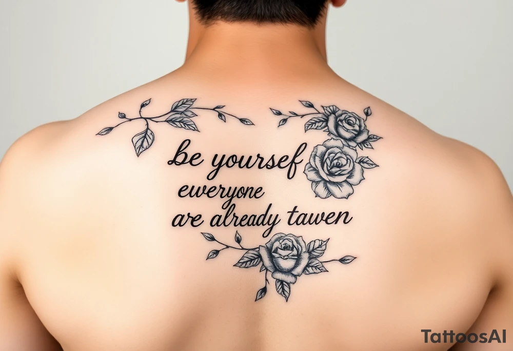 A forearm that has vines and roses with the saying be yourself everyone else is already taken tattoo idea