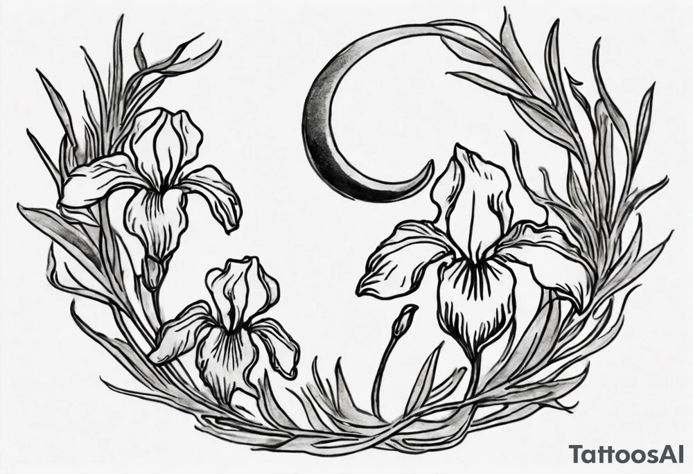 Create a small Vincent van Gogh Irises tattoo. The tattoo should take the form of a crescent, with vines gracefully intertwining at a central point in the middle of the wreath. Ensure that the design avoids the appearance of a bush and maintains a more structured and deliberate arrangement. The intended placement is on the upper chest. The overall design should be small in size while maintaining a delicate and artistic aesthetic. Pay attention to the graceful flow of the vines and the placement of the irises to achieve a refined and elegant look. tattoo idea