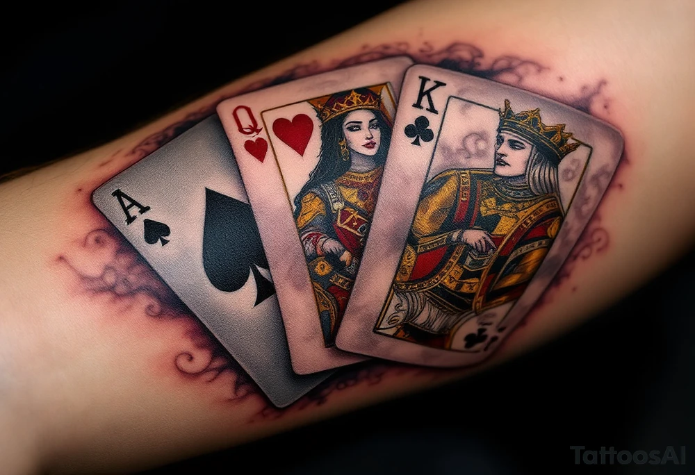 A playing cards tattoo showing the ace of spades, queen of hearts, and king of clubs fanned out in rich black, deep red, and golden-yellow ink, with realistic card textures, subtle shadowing, and faint smoky wisps curling around the edges for a dramatic, high-stakes vibe. tattoo idea
