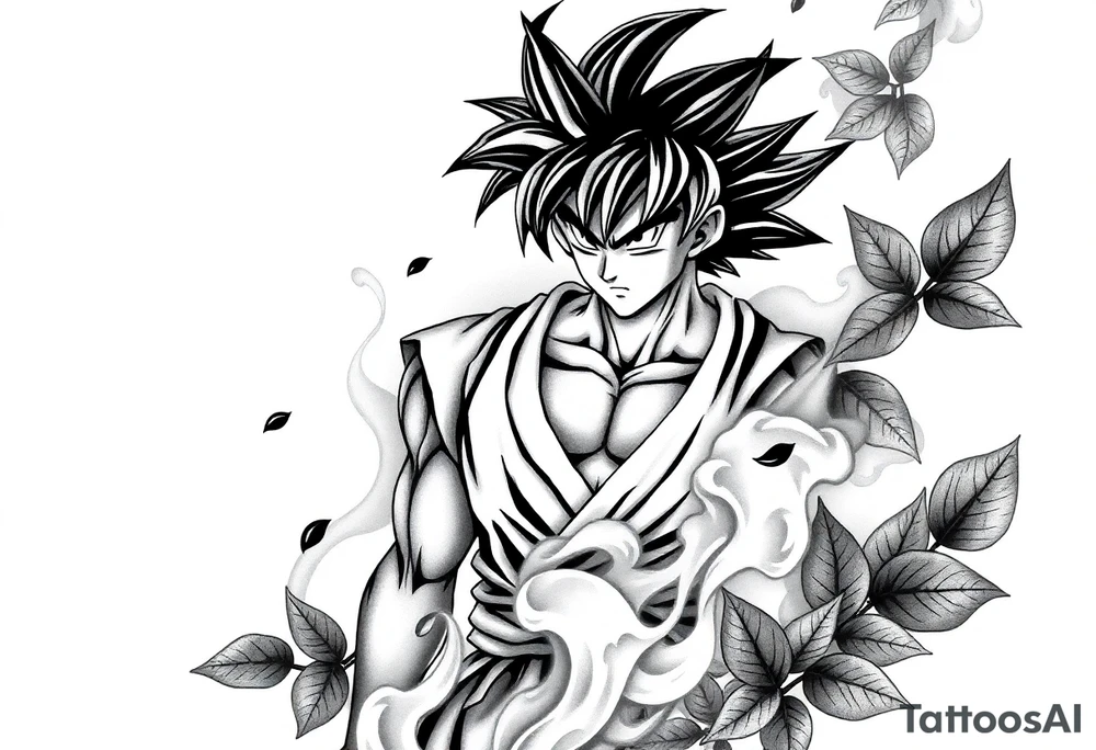 Tattoo design of Son Goku with smoke flowing through his body, surrounded by leaves in negative space effect, featuring soft shading around the edges and dotwork shading inside, with multiple contrast levels throughout. Highly detailed, intricate design with dynamic composition, emphasizing the interaction between the smoke and character, with the negative space leaves creating depth and balance. Professional tattoo art style with clean lines and sophisticated shading techniques. tattoo idea