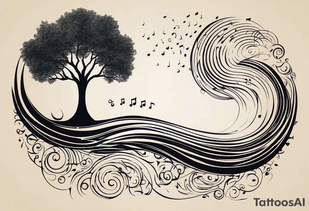 A tattoo design that incorporates the following elements: an abstract tree of life that has roots emerging  from the ground. Waves of water wrap around the tree in a non symmetrical design.  Incorporate musical notes into the tree. the letters U and A are overlapping and engraved into the tree. incorporate a golf ball or golf course symbols like a flag but not prominent. tattoo idea