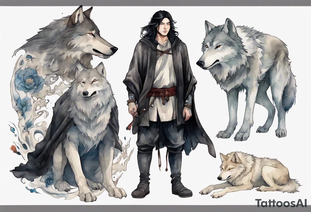 a gaunt medieval man with black hair, white eyes, and a black cloak standing beside a massive grey wolf tattoo idea