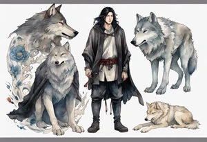 a gaunt medieval man with black hair, white eyes, and a black cloak standing beside a massive grey wolf tattoo idea