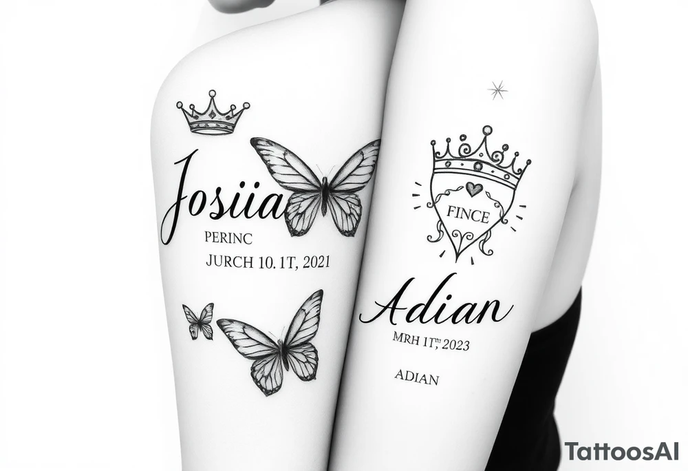 Feminine womens tatto that starts as sleeve and goes down to ankle and in tattoo the names JOSIAH in cursive written with the date July 6th 2021 in roman numerals AND NEXT TO NAME A PRINCE CROWN and butterfly's and the cancer zodiac number in between with the capricorn sing in between and hearts and the next part lower part of tatto the name ADIAN WITH THE DATE March 10th 2023 IN ROMEN NUMERALS WITH A SMALLER PRINCE CROWN THEN THE JOSIAHS CROWN AND THEN LITTLE BUTTERFLYS WITH THE PACIES ZODIAC SING IN AND THE CAPRICORN ZODIAC SIGN BOTH SMALL AND IN BETWEEN THE BUTYERFLYS AND HEARTS MAKE IT MIX TOGTHER DO THE SAME WITH THE CANCER AND CPROCORN SIGN ABOVE tattoo idea
