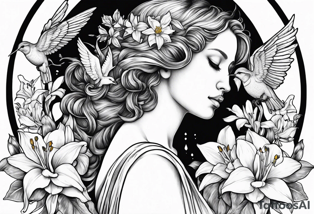 sad crying angel with head surrounded by lily, daffodil, rose, daisy, narcissus holding a hummingbird tattoo idea