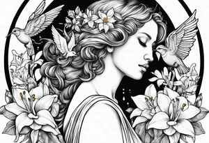 sad crying angel with head surrounded by lily, daffodil, rose, daisy, narcissus holding a hummingbird tattoo idea