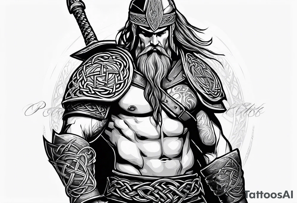 Full body side profile of a celtic warrior with weapons tattoo idea