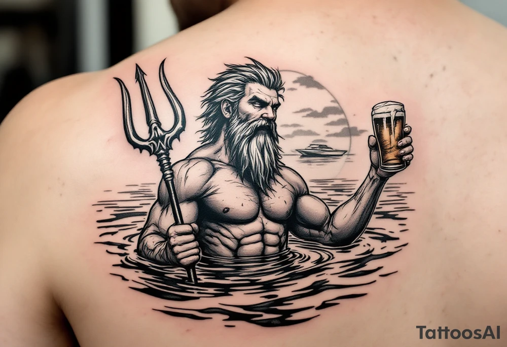 young, happy, fit, short hair, poseidon in calm water, holding a trident, drinking a beer, with sunset, with ski boat tattoo idea