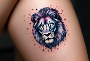 The Leo stars constellation connect across a navy and plum background, surrounding a lion’s silhouette inked in rich mahogany. tattoo idea