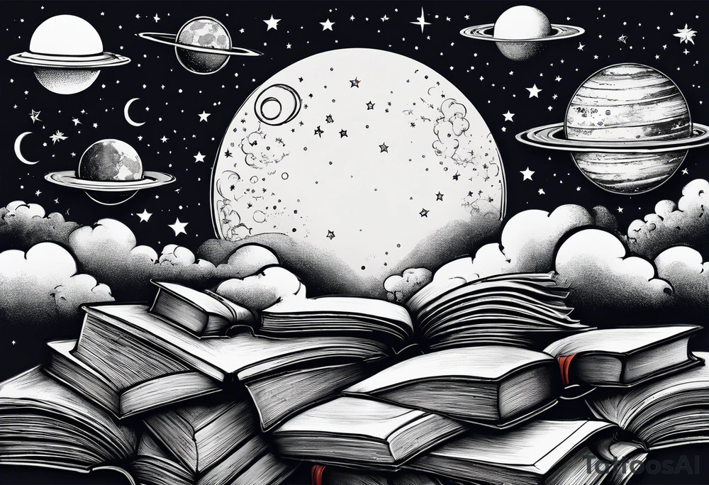 Stack of books with a universe sky and moons, the top book is open and has things coming alive from it tattoo idea