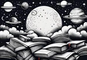 Stack of books with a universe sky and moons, the top book is open and has things coming alive from it tattoo idea
