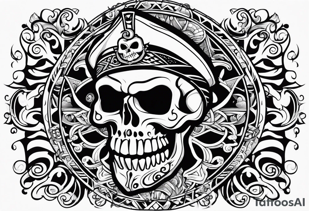 A cartoon pirate skull and around the skull tribal maori lines and figures tattoo idea