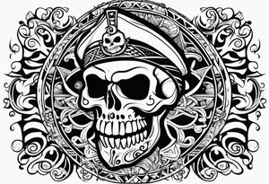A cartoon pirate skull and around the skull tribal maori lines and figures tattoo idea