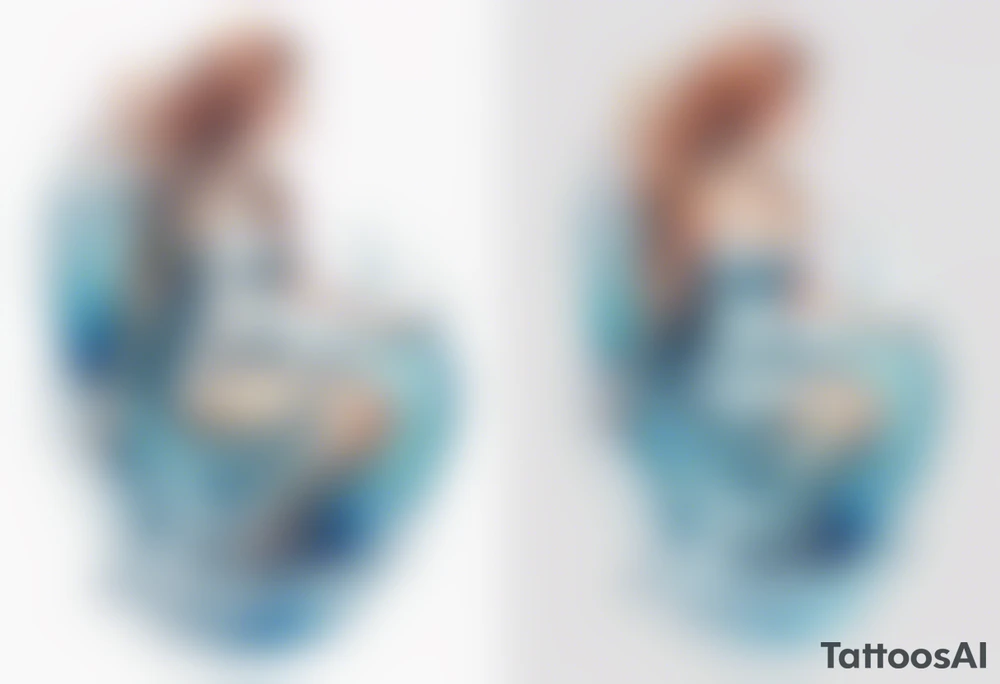 a tall transparent woman made of glass covered with water, sitting upon a wave tattoo idea