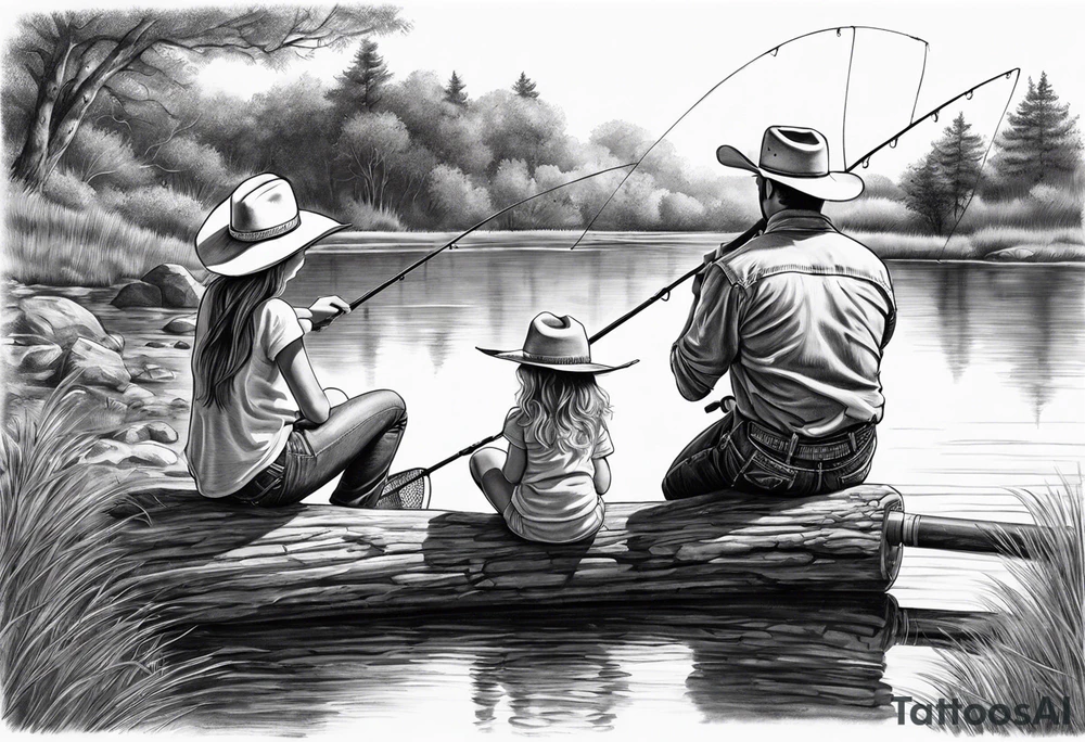 Father son and daughter fishing on the bank. The kids are young and wearing cowboy hats. tattoo idea