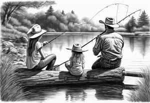 Father son and daughter fishing on the bank. The kids are young and wearing cowboy hats. tattoo idea