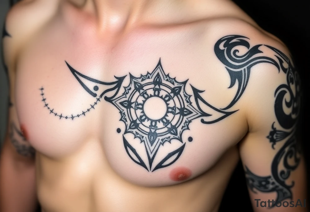 A tribal tattoo that tells a heros journey using circles that connect to the left arm tattoo idea